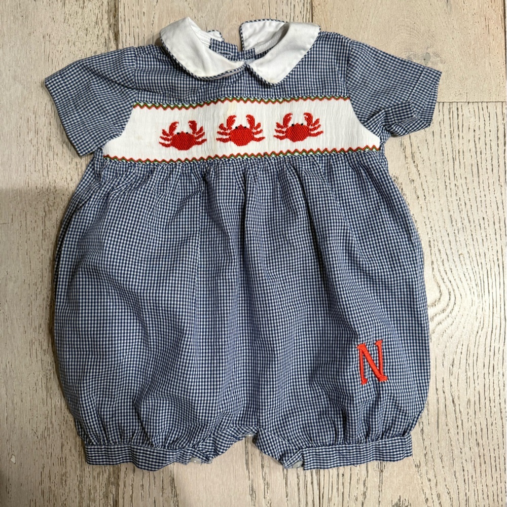 Excellent Condition Vive La Fete smocked Crab Embroidered N Onesie/Jumper 6M